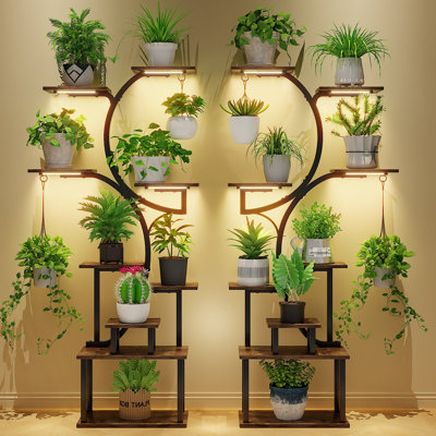 Ensemble de 2 supports à plantes de 65 po de hauteur avec 3 lumières de culture, étagère de fleurs d'intérieur à 9 niveaux avec bandes lumineuses à DEL, support en forme d'arbre pour la culture en intérieur