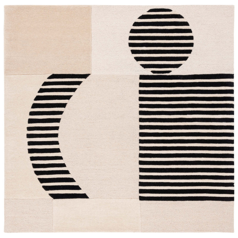 Chatham Hand Tufted Wool Cotton Abstract Rug in Ivory/Black, Square 6'