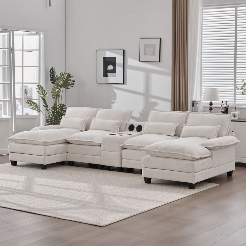 127'' Sectional Couches For Living Room,U Shaped Cloud Couch Sectionals With Console Bluetooth Speaker For Living Room-Beige