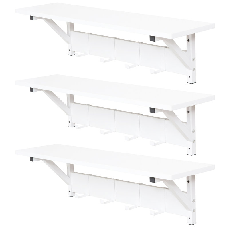 Ciardi Floating Shelf with Hooks - Wall Mounted Storage Shelf, Space Saving Organizer, White, 3