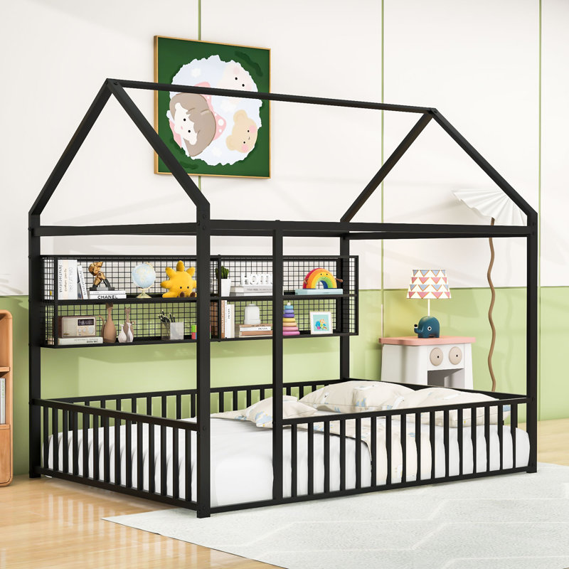 Lit plateforme en métal avec tablettes, Full, Noir