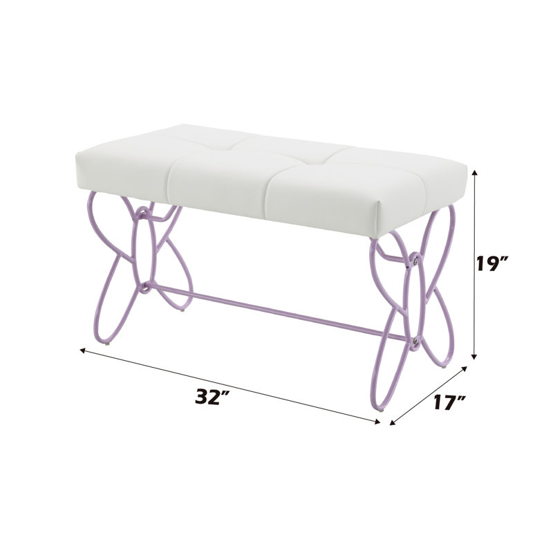 Banc avec similicuir blanc - base en métal mauve, papillon, confortable pour les espaces de vie