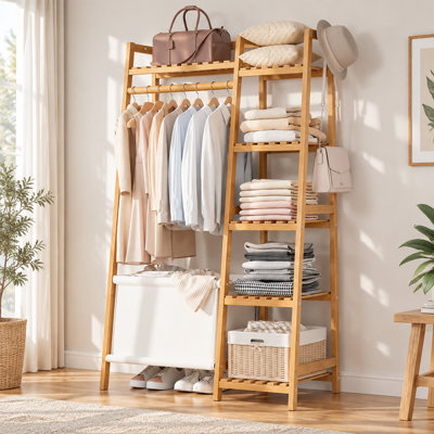 Bamboo Garment Rack with Hanging Rod, Multi-Tier Open Storage Shelves, Freestanding Clothes Organizer for Bedroom Entryway