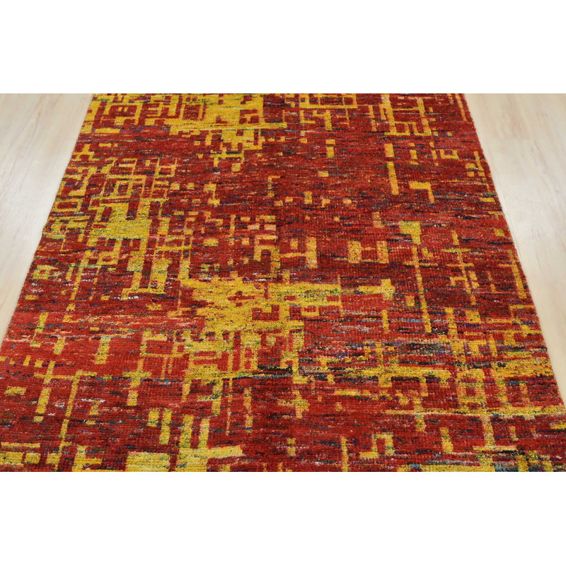 Tapis décoratif en soie de conception unique rouge/jaune 4 pi 9 po x 6 pi 9 po noué à la main