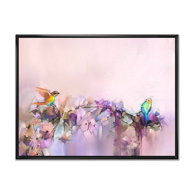 Pinceau, oiseaux mauves et beiges - reproduction encadrée sur toile, H 30 po x l 40 po x P 1,5 po, Cadre flottant noir