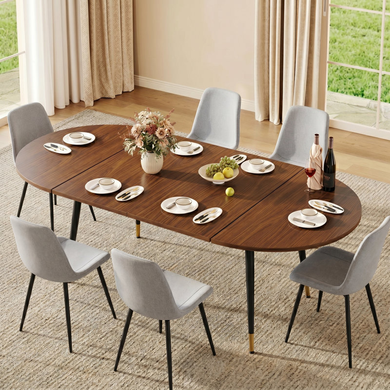 7-Piece Mid-Century Modern Extendable Round-to-Oval Dining Set with Upholstered Chairs, Light Gray
