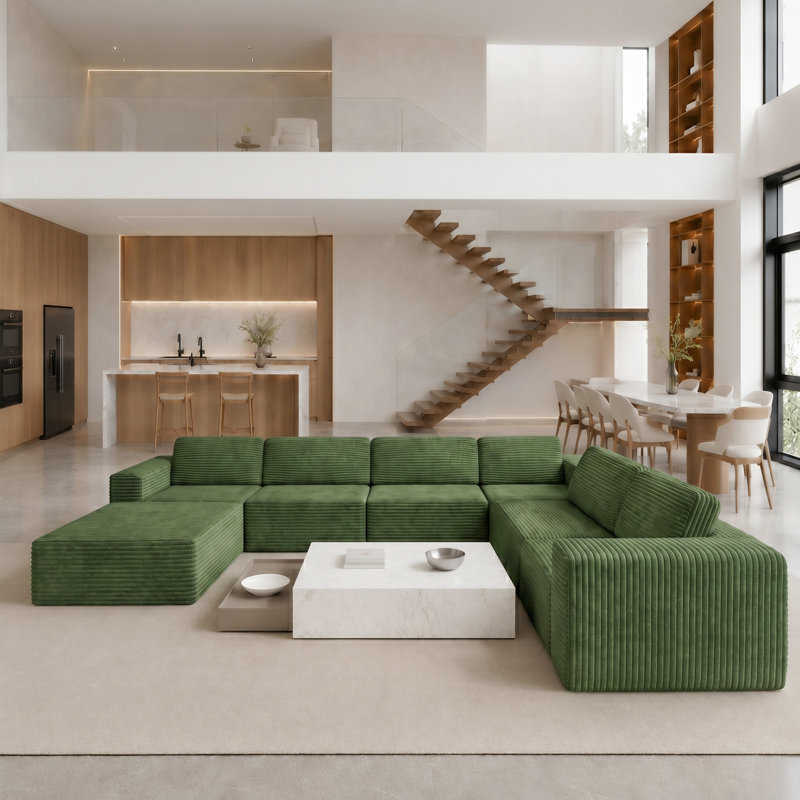 Modular Oversized 404cm 6-seater L-shaped Boneless Corduroy Sofa, No Assembly Required, Right Hand Facing, Green