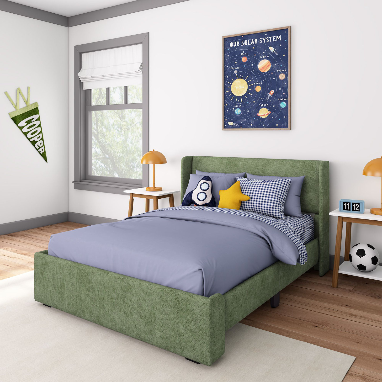 Solid Wood Upholstered Panel Bed, Full, Green
