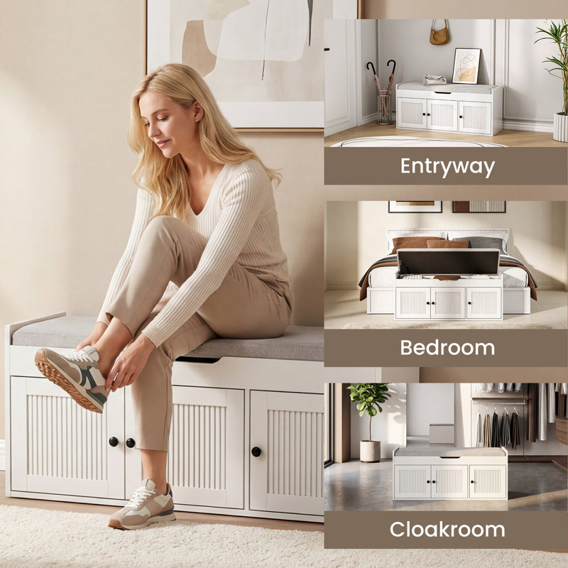 Banc de rangement à chaussures 40 po, banc de rangement avec coussin supérieur, banc à chaussures pour salon, chambre à coucher et entrée, blanc
