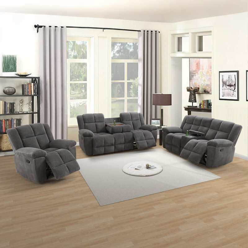 Manual Reclining Couch Sofa Set With Drop-down Table, 3 Pieces Brown Corduroy Recliner Couch Sets, Living Room Furniture Sets, Recliner Sofa With Storage Console/cup Holder For Home/apartment