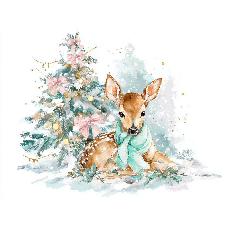 «Winter Deer» avec écharpe menthe et arbre de Noël, art mural sur toile tendue, H 36 po x l 48 po