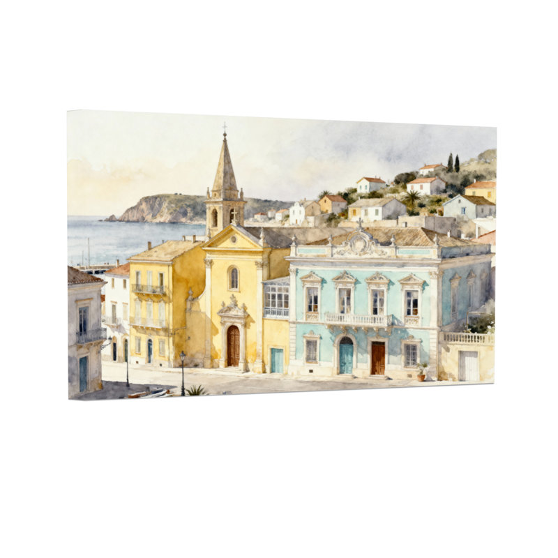 Église côtière et bâtiments colorés, H 16 po x l 24 po