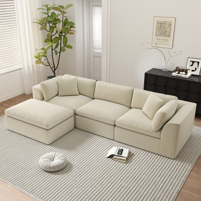 4-Seater Modular L-Shaped Sectional Sofa With Ottoman Cloud-Like Chenille Fabric Modern Boneless Design For Apartments