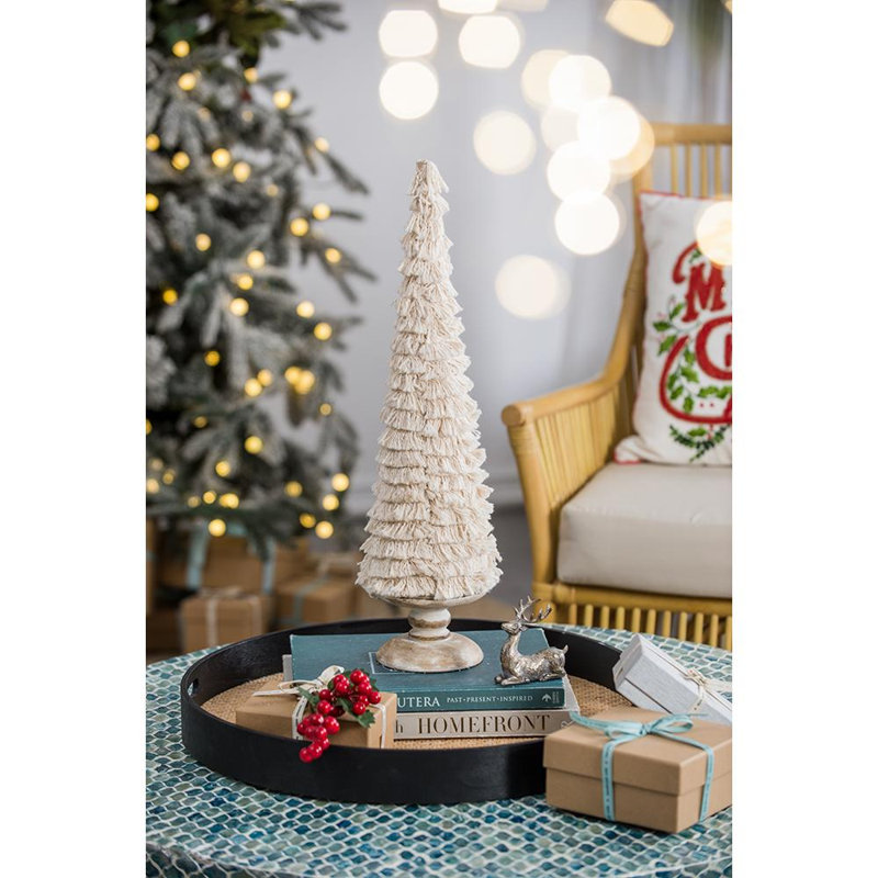 Fringes Embellished Cone With Wooden Base, 15" H x 3.9" W x 3.9" D