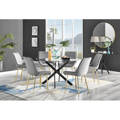 Tierra Modern Chrome Metal & Glass Round Dining Table Set with 6 Luxury Faux Leather Chairs
