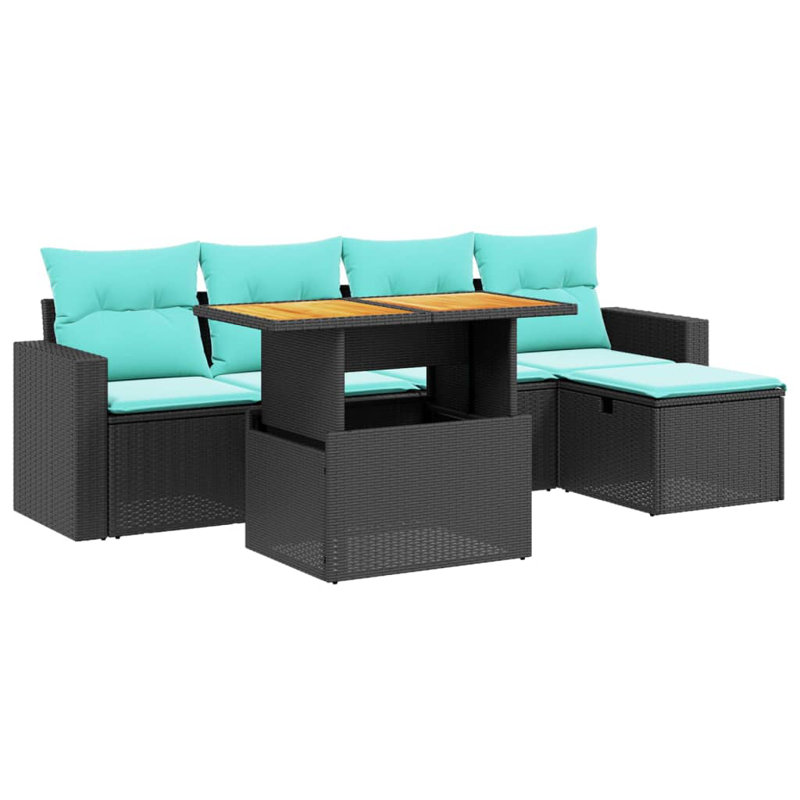  6 Piece Patio Sofa Set With Cushions Poly Rattan, Black, Green