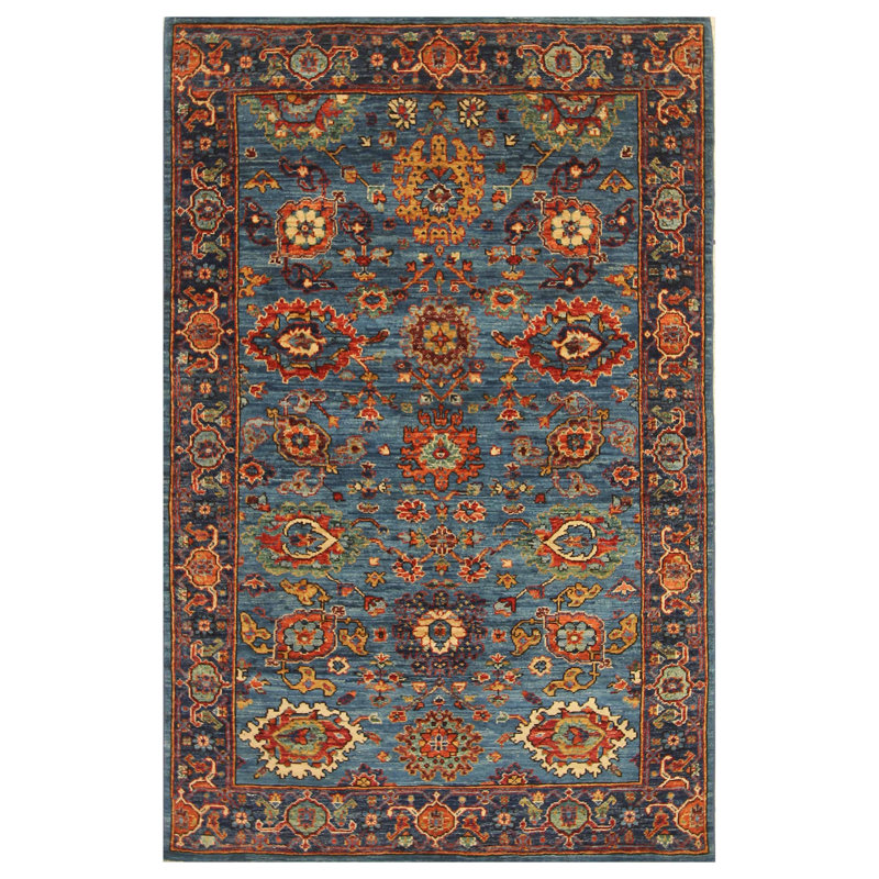 Tapis oriental en laine noué à la main de 3 pi 9 po x 6 pi bleu / rouge / orange / ivoire
