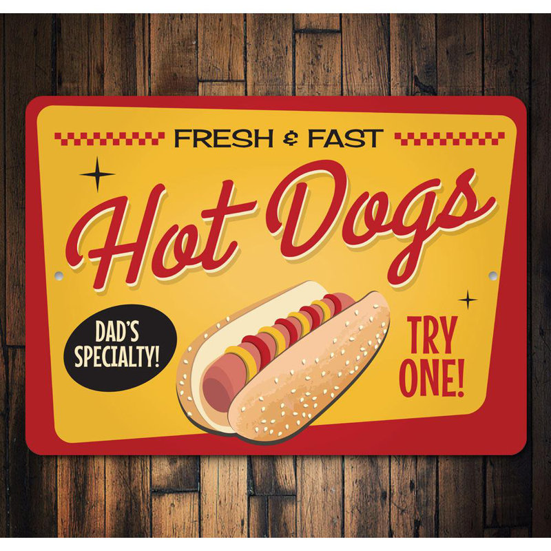 Plaque en aluminium «Dad's Specialty Hot Dogs», H 12 po x l 18 po x P 0,06 po
