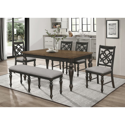 Brown/Gray Finish Rectangular Extendable Table Top 18"" Leaf Upholstered Seats Chair Bench Wooden Dining Room Furniture 6Pc Set -  Canora Grey, 39469F7EBD3C4BBA97091675F71E517D