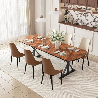 Extendable Dining Table Set with 6 Upholstered Chairs, 70.8"-86.6" Walnut Solid Wood Top, Rustic Rectangular Kitchen Table for 6-8 People, Modern Dini