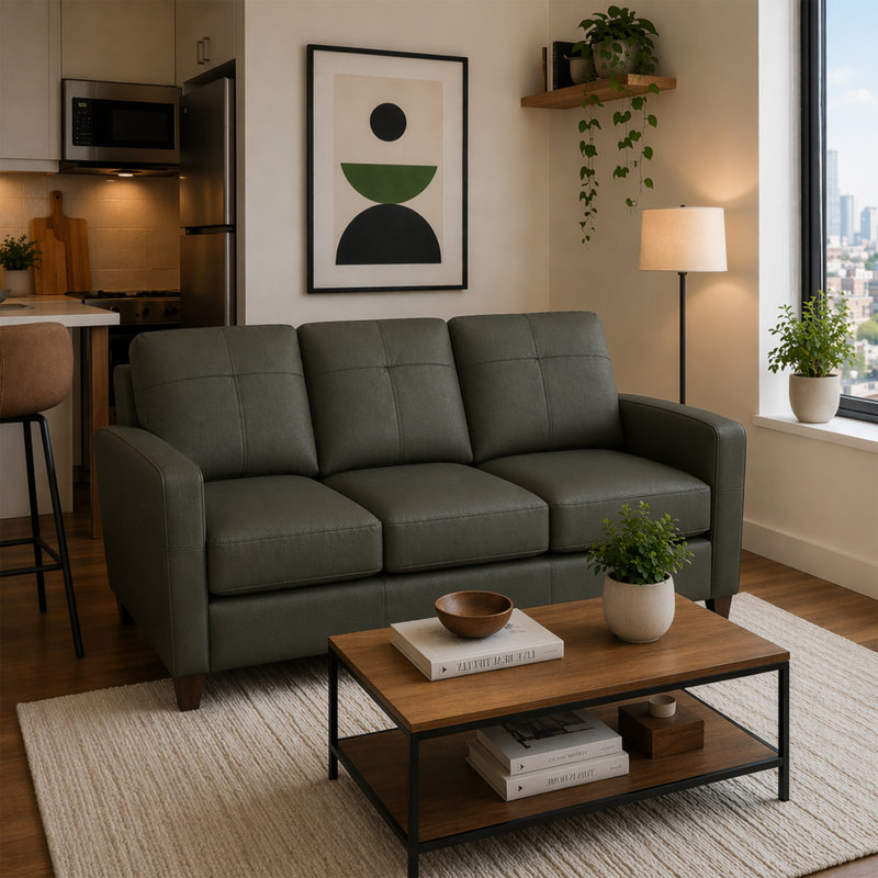Canapé en cuir avec dossier rembourré Archdale, Cuir véritable vert, Sofa