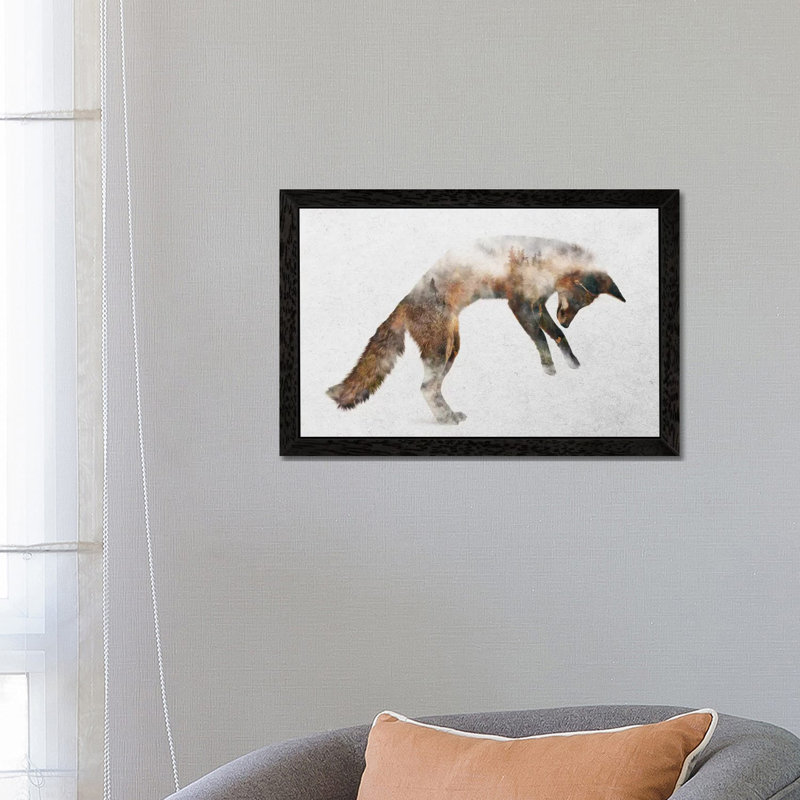 Jumping Fox by Andreas Lie - Print on Canvas, Black Framed, 20.32 cm H x 30.48 cm W