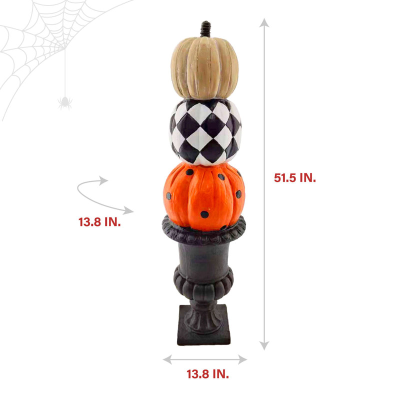 52-inch Stacked Orange, Beige, and Black Metal Pumpkins in Urn