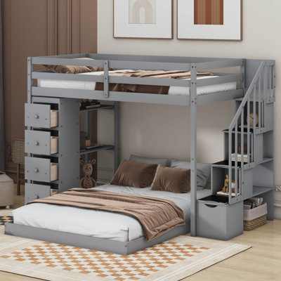 Jazzilyn Twin Over Full Bunk Bed with 3-layer Shelves, Drawers and Storage Stairs -  Harriet Bee, 70A7418C51CE41F89C7F6EC220E24295