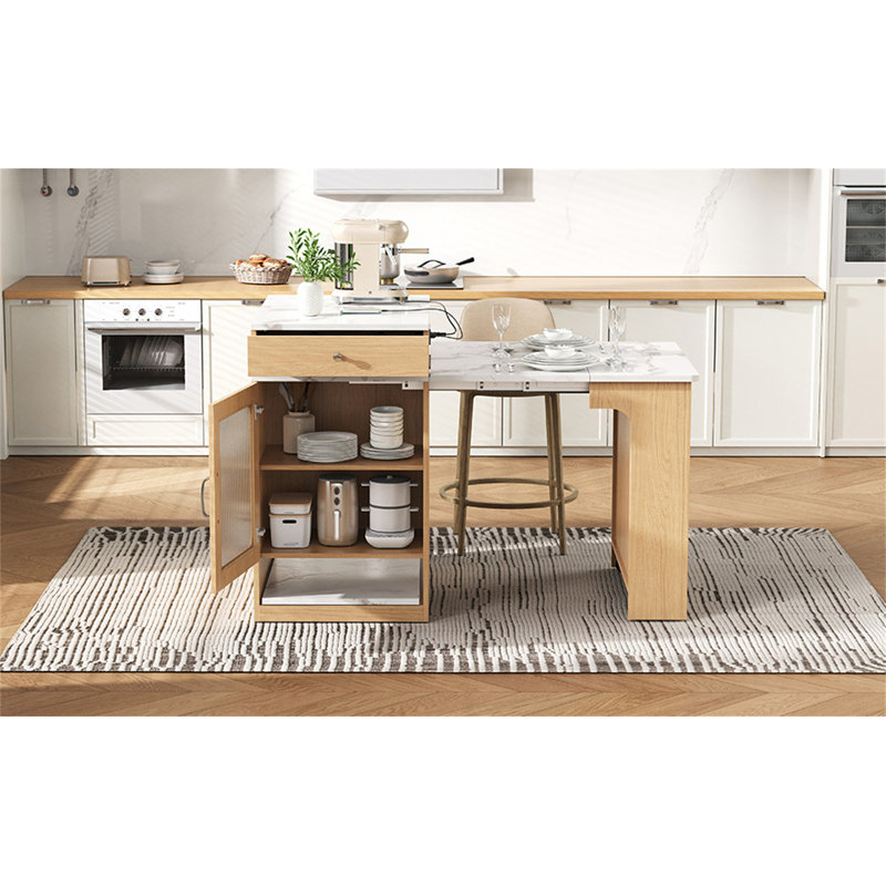 59.5"Kitchen Island With Extendable Dining Table, Natural