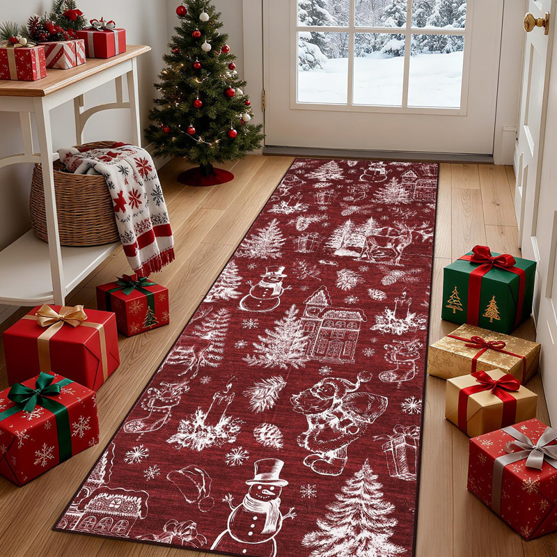 2x6ft Washable Christmas Stain-Resistant Foldable Low Pile Floor Mats Xmas Printed Carpets Soft Non Shedding Rugs