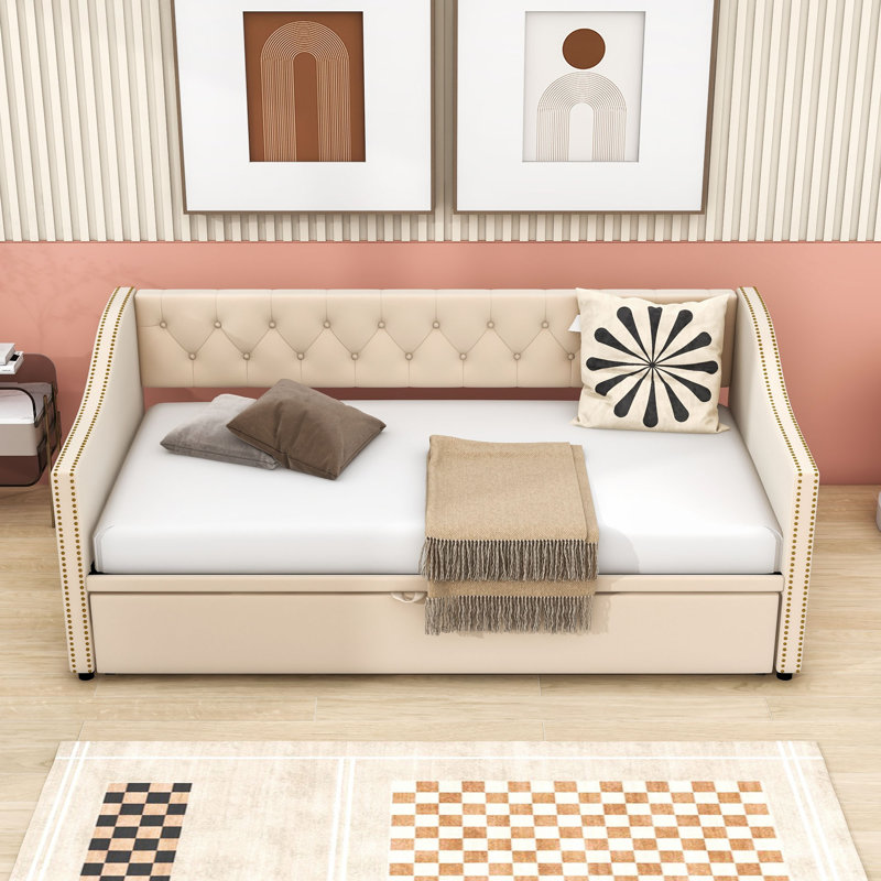 Upholstered Daybed with Twin Pop-Up Trundle, Space-Saving Design, Beige