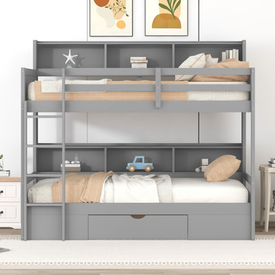 Twin Bunk Bed with Upper and Lower Built-In Shelves and Storage Drawer, Space-Saving Design