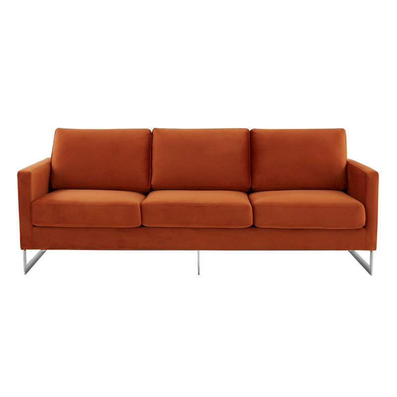 Elegant Velvet & Wood Sofa in Orange Marmalade with Gold Steel Legs