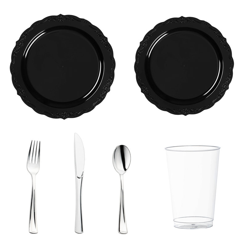 Black Vintage Rim Round Disposable Plastic Wedding Value Set - 30 Settings