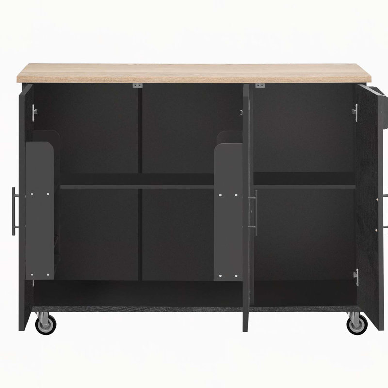 Îlot de cuisine 51,2 po à motif sergé rayé et texturé avec abattant, îlot de cuisine sur roulettes avec support de rangement interne, chariot de cuisine roulant avec porte-serviettes pour la cuisine, noir