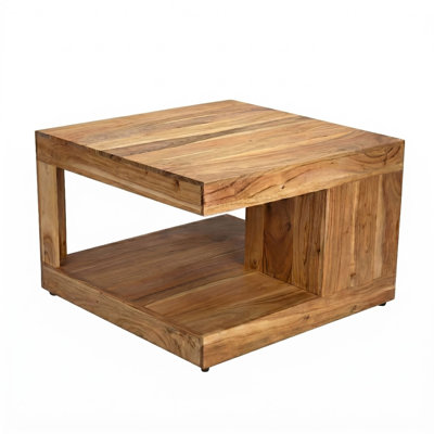 Square Solid Acacia Wood Coffee Table with Storage Shelf