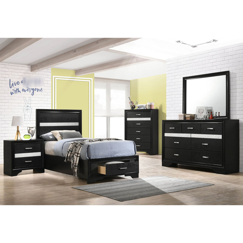 Lit simple noir avec tiroirs de rangement et poignées en cristal, structure en bois biseauté, support de matelas direct, fonction de 113,06 lb - poignées de tiroir décoratives, encadrement, livres