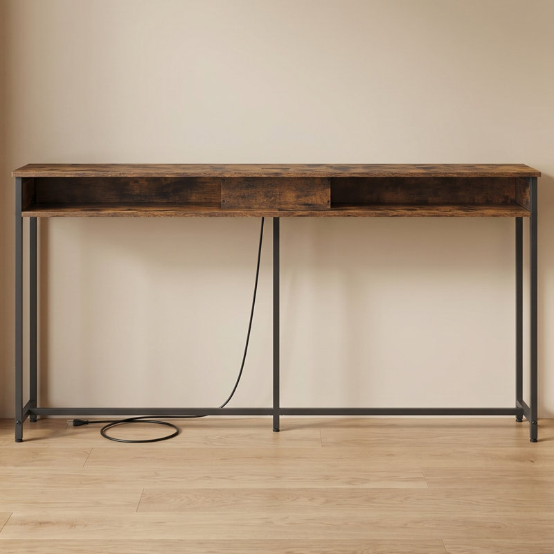 70.9-inch Console Table With Outlet And Shelves - Sofa Table With Charging Station, Skinny Behind Couch Table, Entryway Table For Hallway And Living Room, Rustic Brown And Ink Black