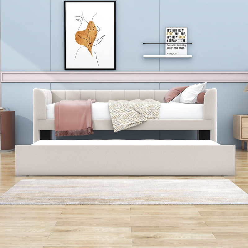 Twin Upholstered Daybed with Backrest and Trundle, Beige