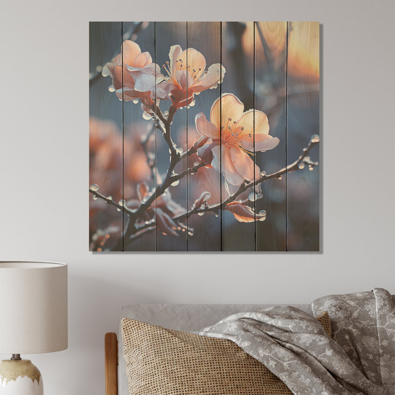 Fleurs de cerisier d'hiver IV - Plantes et fleurs sur bois, H 15 po x l 15 po