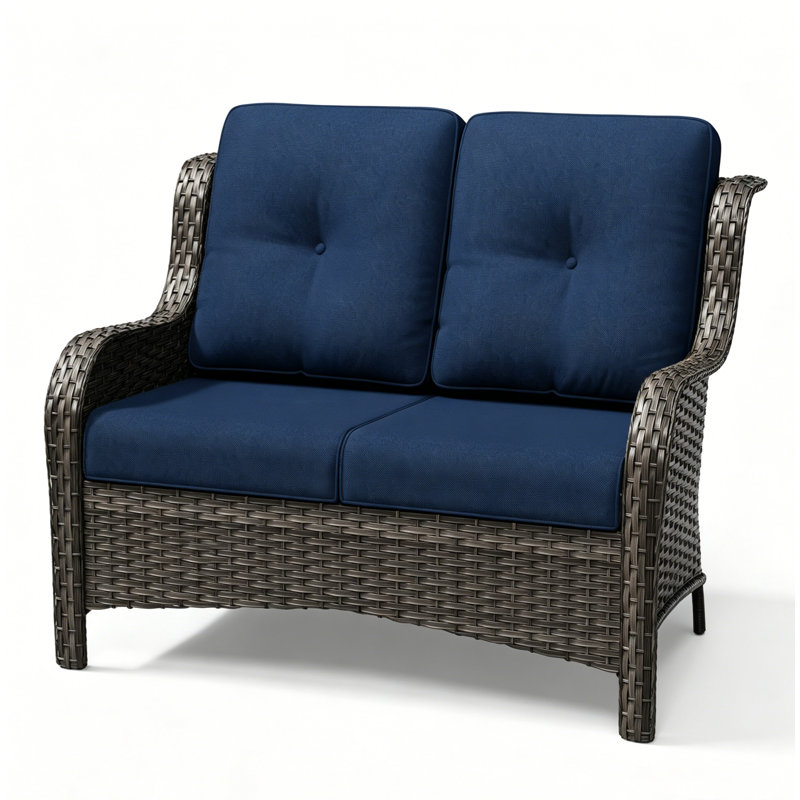 Causeuse en osier 2 places avec coussins bleus amovibles All Weather, Blue