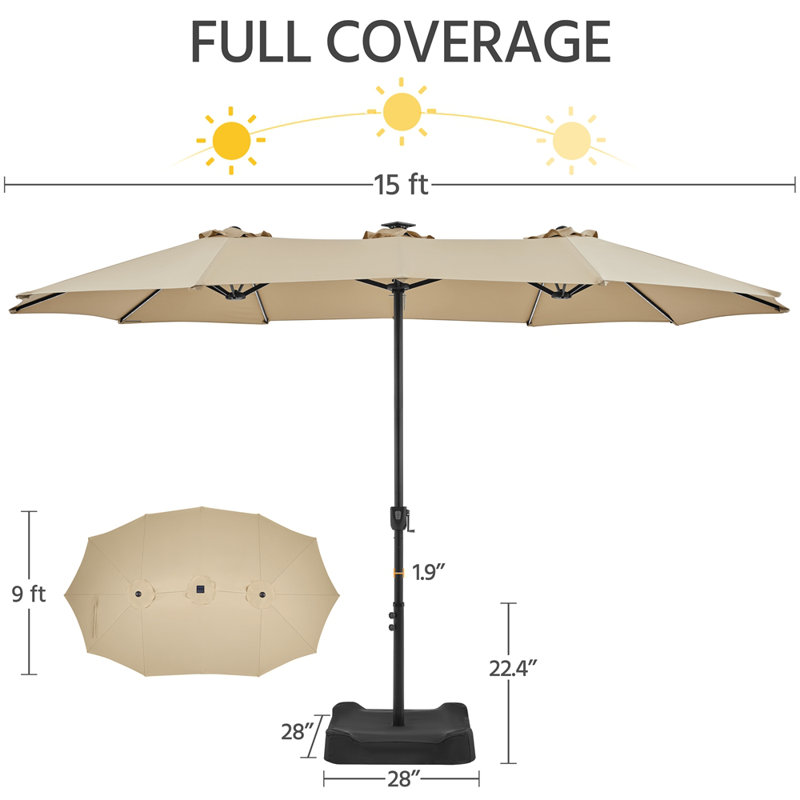  Parasol d'extérieur de 15 pi avec bandes lumineuses DEL multimode et base avec auvent pour manivelle, brun clair, Brun clair