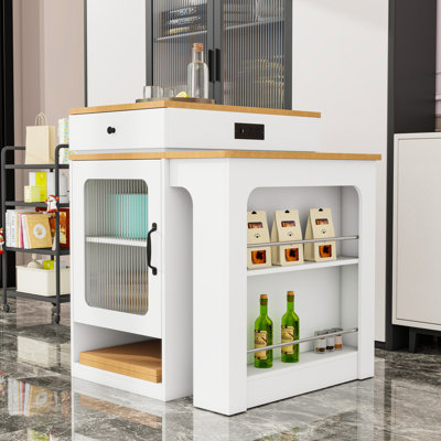 Îlot de cuisine avec table de salle à manger extensible, rangement double-face, 2 tiroirs, prise de courant et tablettes réglables
