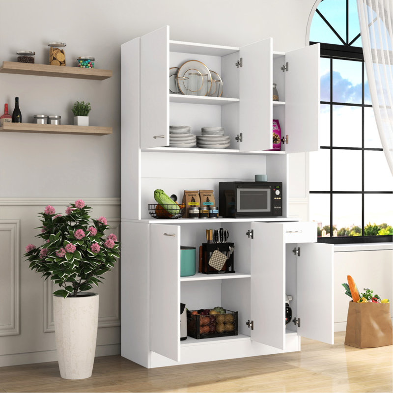 Armoire de cuisine et armoire blanche de 69,5 po de hauteur avec 6 portes, 1 tablette, tiroir - moderne et élégant pour la cuisine de la chambre à coucher, tiroir ouvert, qualité de fabrication