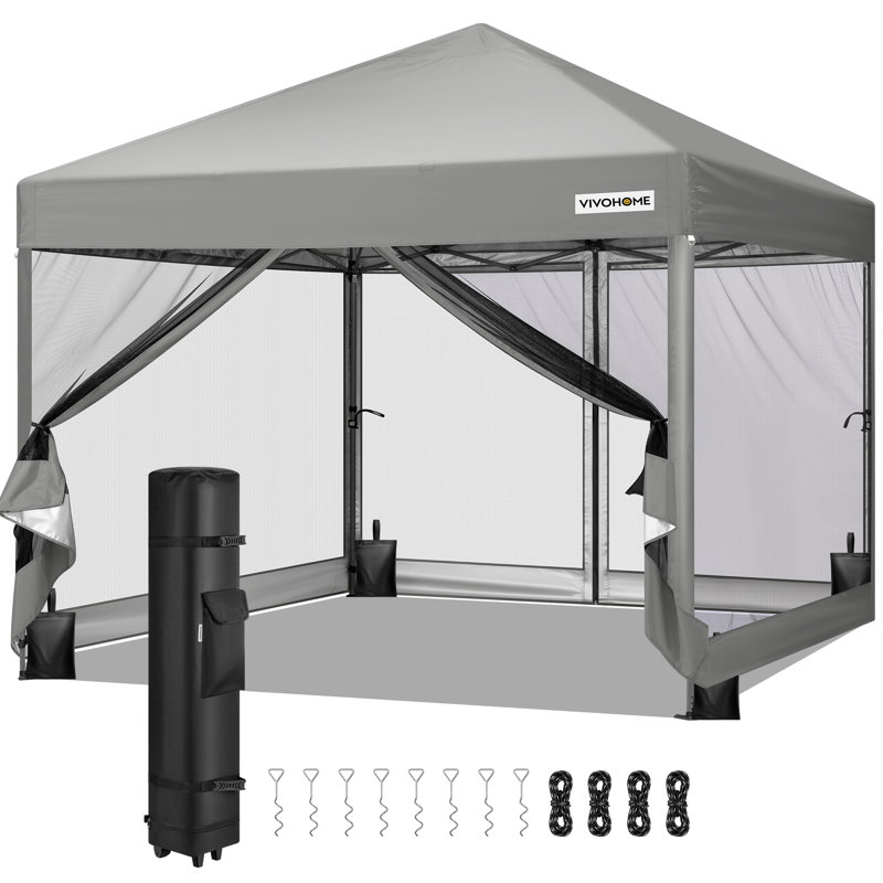Tente d'extérieur escamotable en acier avec moustiquaire, 10 pi. L 10 pi. D, Gris