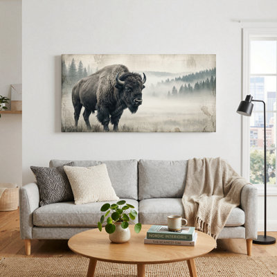 Ensemble de 1 tableau sur toile représentant un paysage de bisons