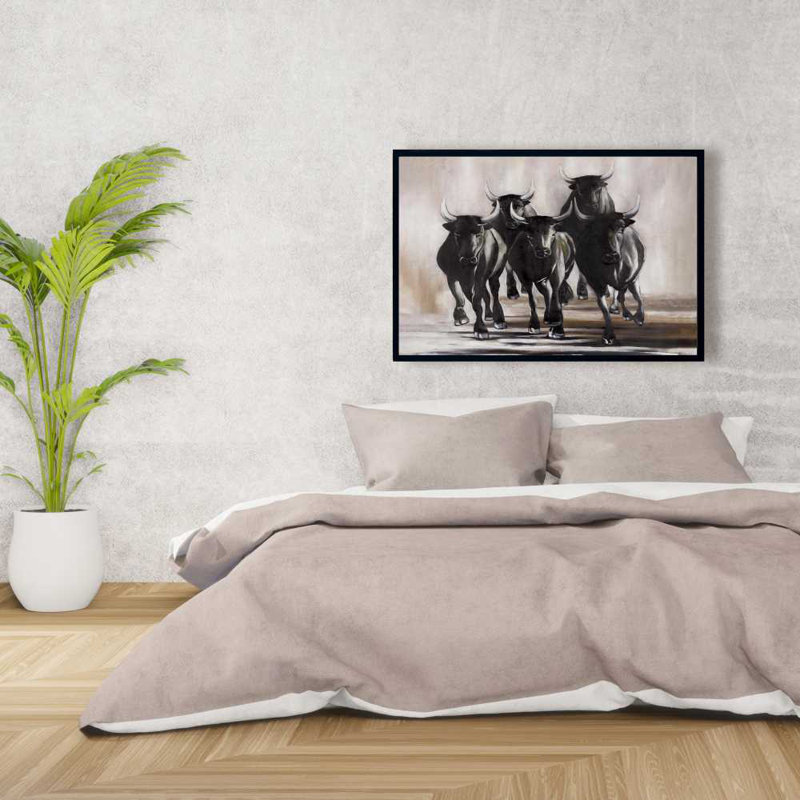 «Group of Running Bulls» - Toile avec cadre brun occidental | Décoration intérieure