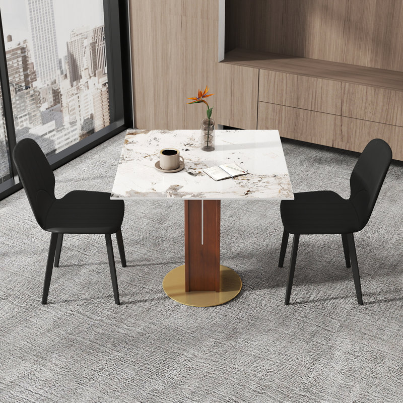 Ensemble 3 pièces de table de conférence moderne en pierre frittée carrée avec 2 chaises en cuir, Crème, Noir