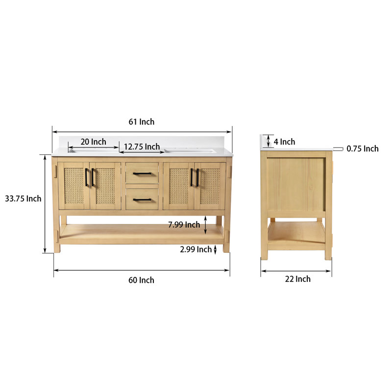Kyonia 60'' Double Bathroom Vanity Set with Sink, Oak Rattan