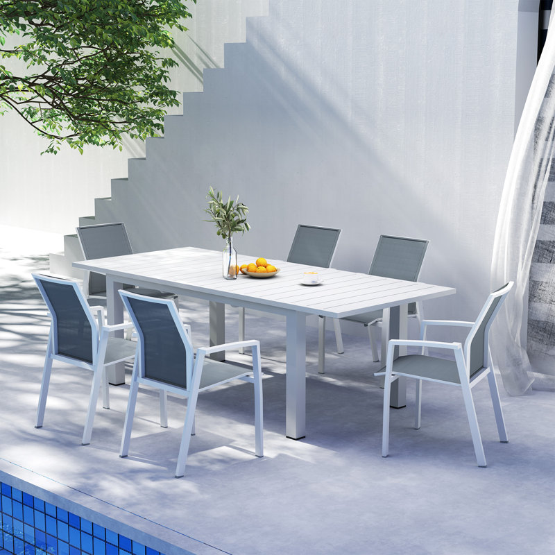Calliana Patio Dining Set with Extendable Dining Table and Fully Assembled Stackable Chairs, White, 6